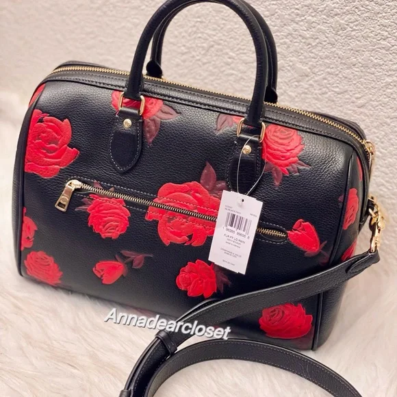 Coach Rowan Large Satchel Bag With Floral Print CCE27 in Black/Red - Picture 11 of 15
